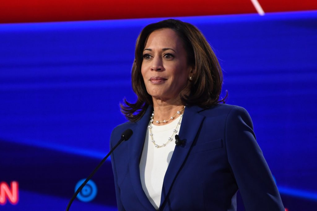 Democratic presidential hopeful California Senator Kamala Harris looks on during the fourth Democratic primary debate of the 2020 presidential campaign season co-hosted by The New York Times and CNN at Otterbein Univ on October 15, 2019. Democratic presidential nominee Joe Biden named Harris, a high-profile black senator from California, as his vice presidential choice on August 11, 2020, capping a months-long search for a Democratic partner to challenge President Donald Trump in November.,Image: 551692918, License: Rights-managed, Restrictions: , Model Release: no
