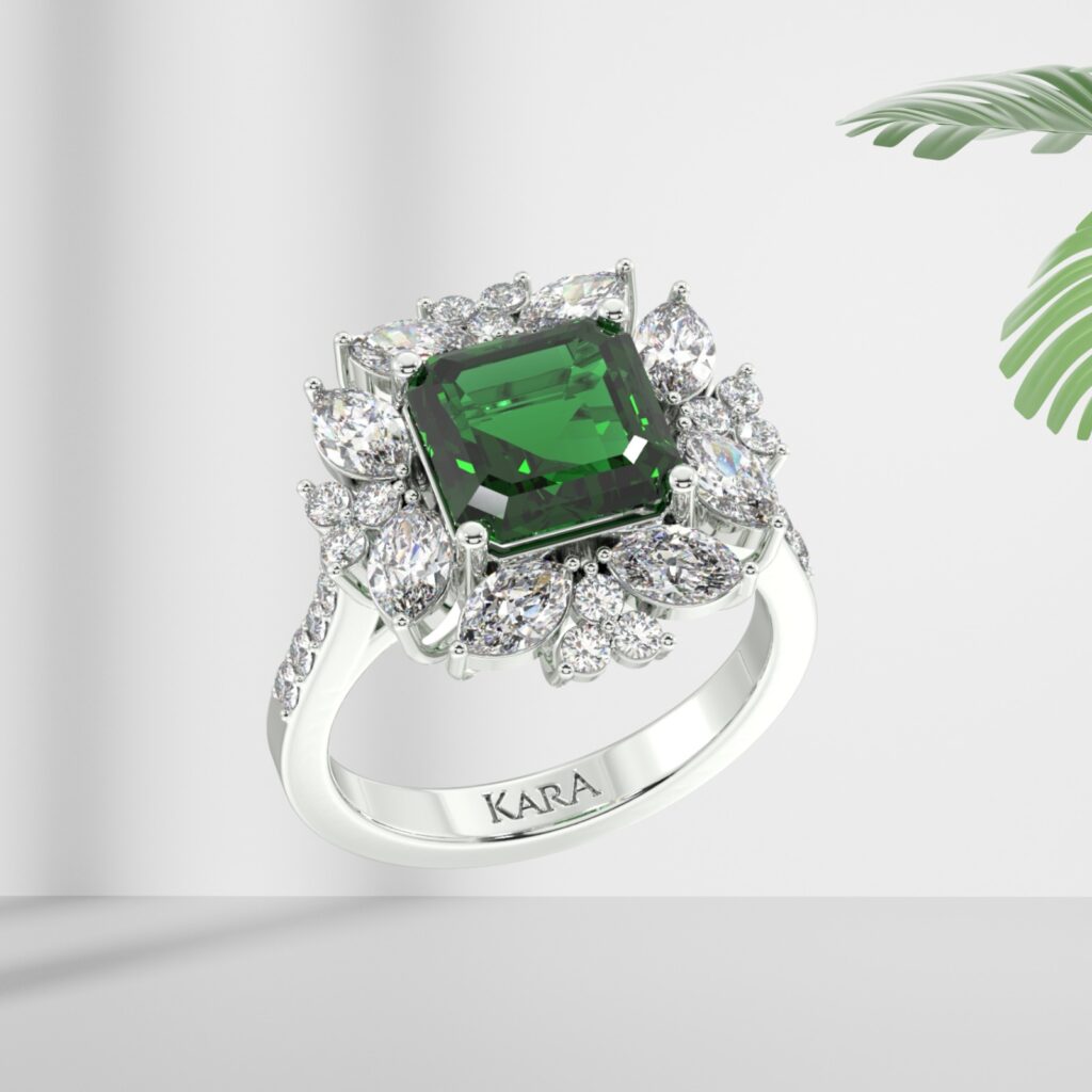 Inel cu diamante Marquise de 1,39 k, diamante rotunde de 0,18 kt și smarald de 1,30 k, Kara Diamond, 18.200 de lei